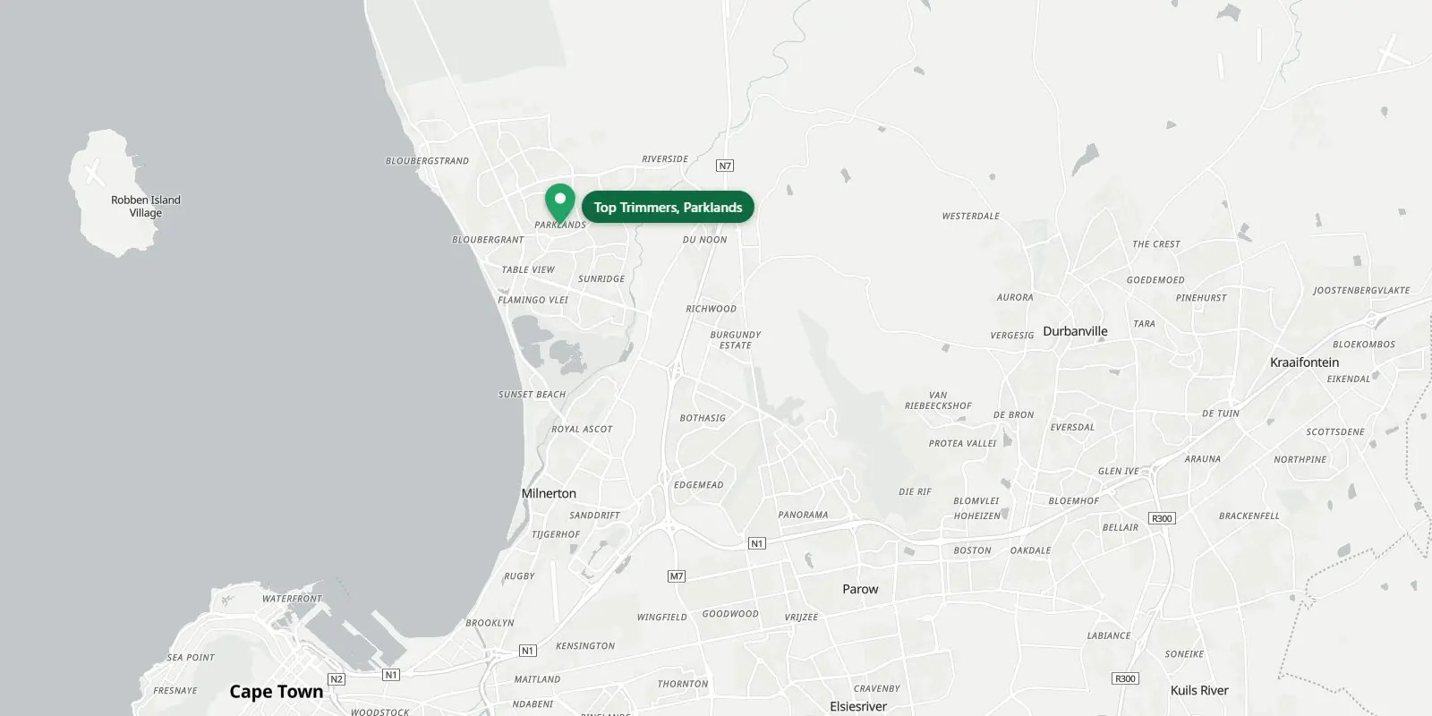 Map of Cape Town's northern suburbs with the Top Trimmers pin in Parklands, and Table View, Milnerton, Bothasig, Durbanville and Parow around it